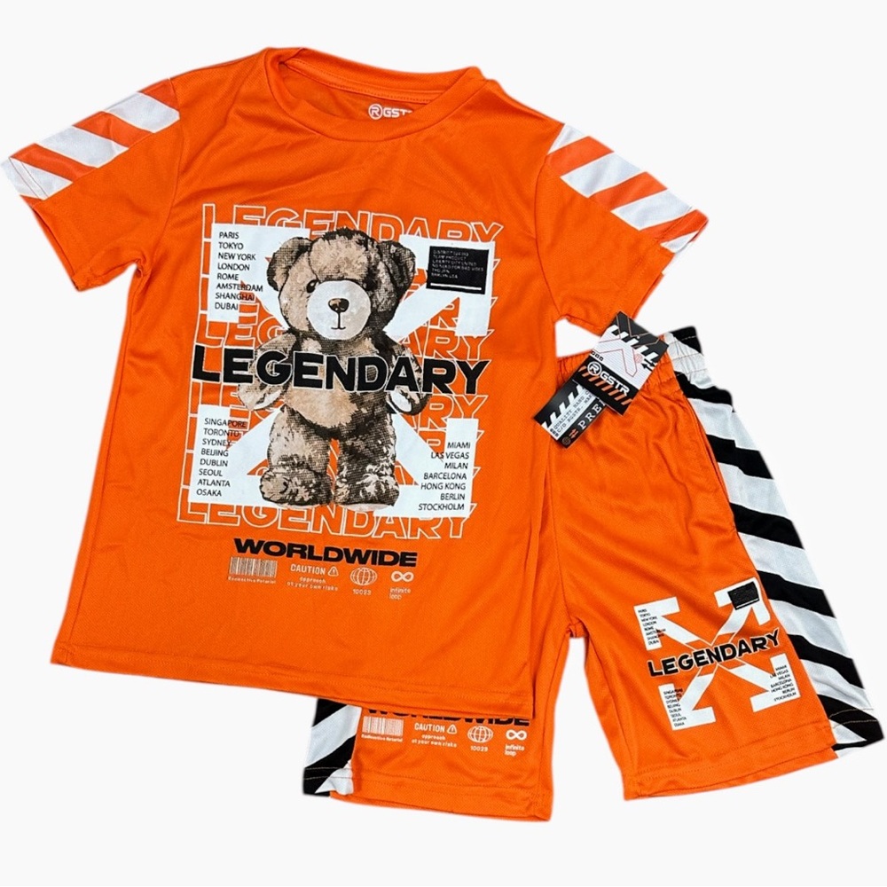 RGSTR :Boys Size 8 “LEGENDARY” Bear Orange T-shirt and Shorts Activewear Set